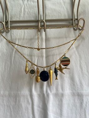 Gold-Tone Multi Charm Necklace with Navy & Striped Accents